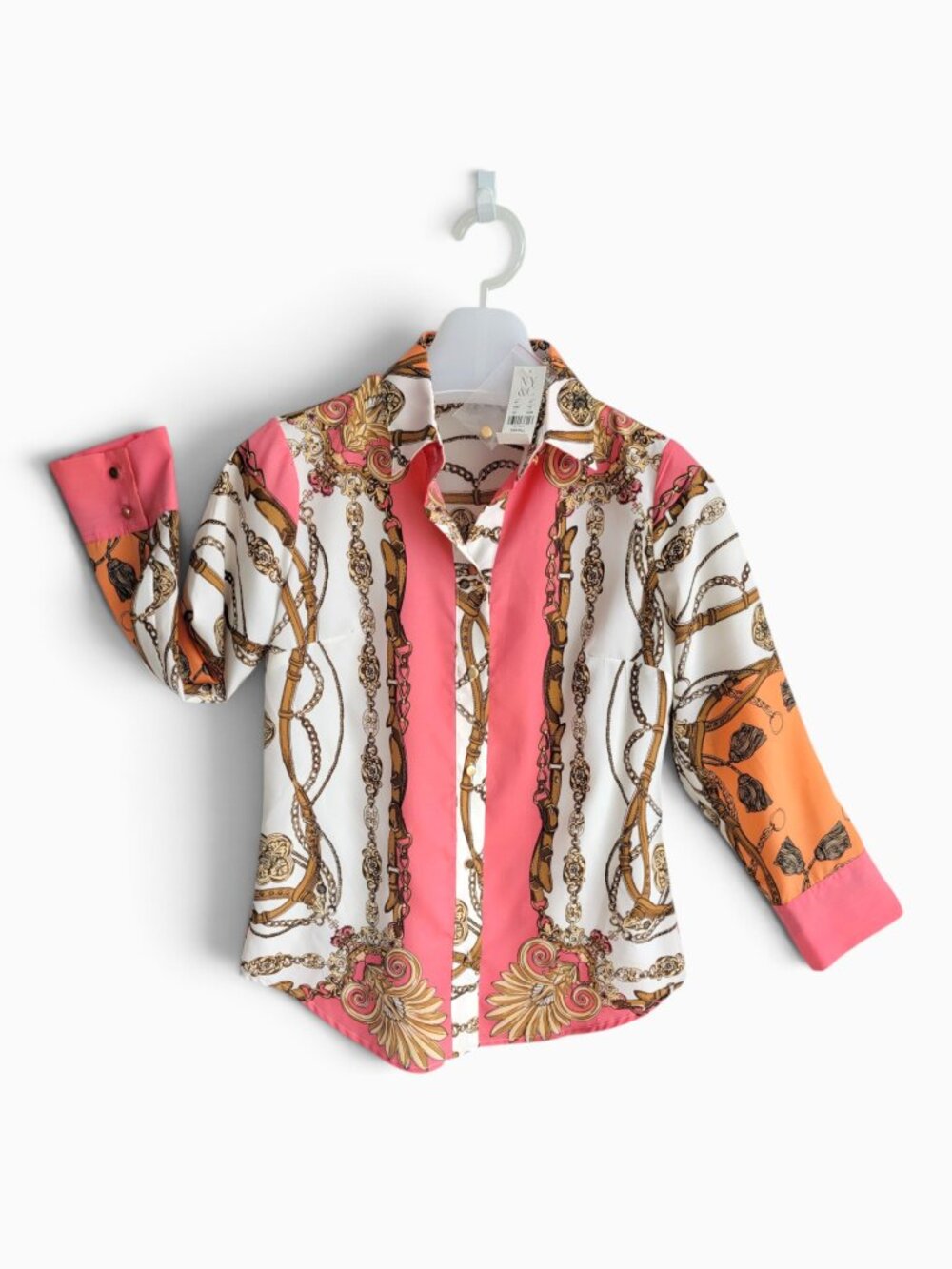 NY&C Chain Print Blouse XS Pink Baroque Scarf Equestrian Mob Wife Maximalist